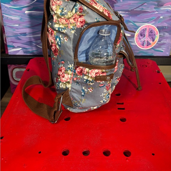 Floral Canvas Backpack / Diaper bag with Brown Trim - Picture 2 of 13